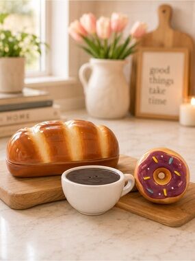 Target Ceramic Bread Butter Dish with Donut Salt & Pepper Shakers - Brown & Pink